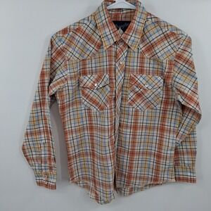 Wrangler Western Shirts Kids Sz L(10-12) Pearl Snap Orange Plaid EUC